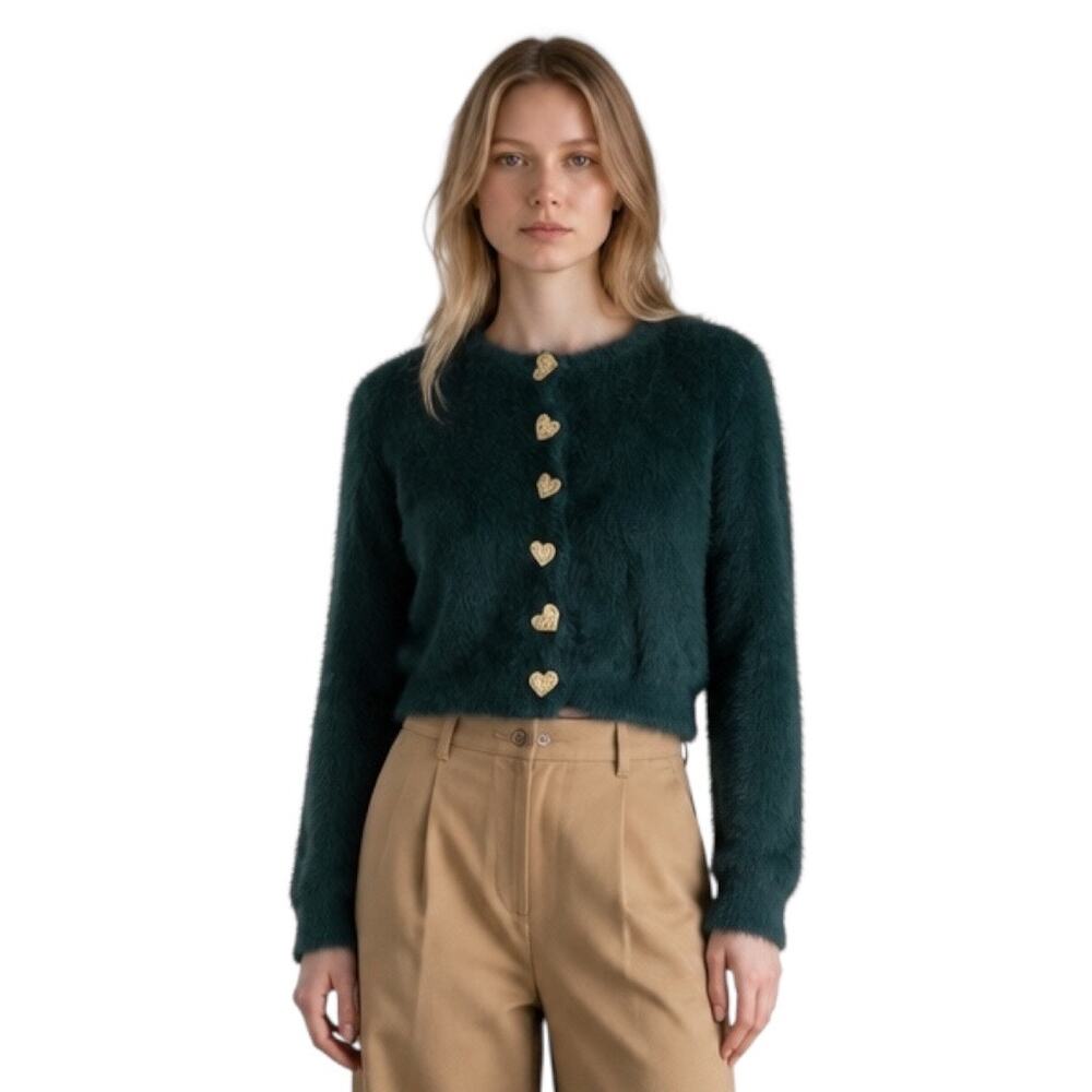 Size S/M Zara Womens Dark Green Cardigan Hearts Faux Fur Holidays